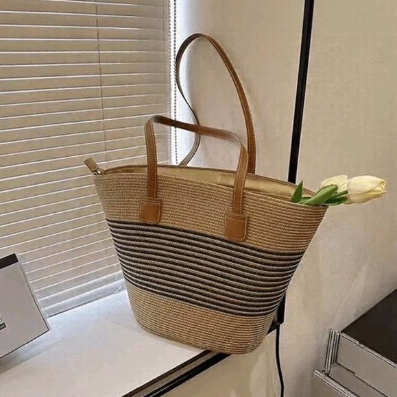New Striped Straw Woven Tote Bag Purse For Vacations Summer Beach For W… - Picture 2 of 5
